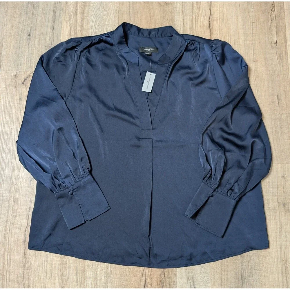 NWT Banana Republic Size XL Blouse Blue Satin Puff Volume Sleeve V-Neck Luxe $70